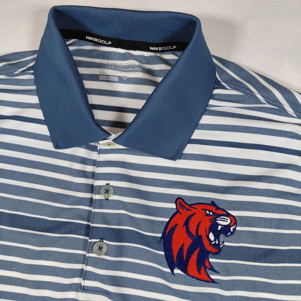 Nike Golf Mens Dri-Fit RSU Tiger Logo Striped Polo Shirt Blue White Size M